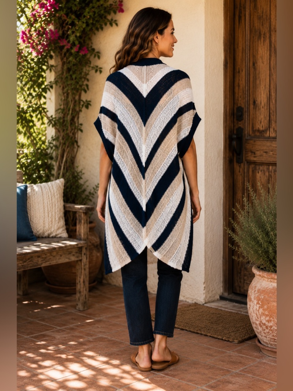 Ann Taylor Striped Open-Knit Kimono Sweater in Navy, Cream, Tan One Size NWT